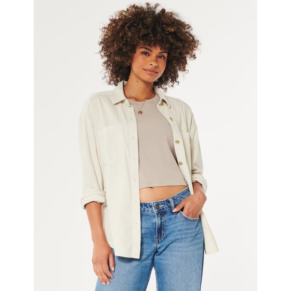 Hollister Cream Corduroy Button Down Shirt Long Sleeve Cotton Oversized Large